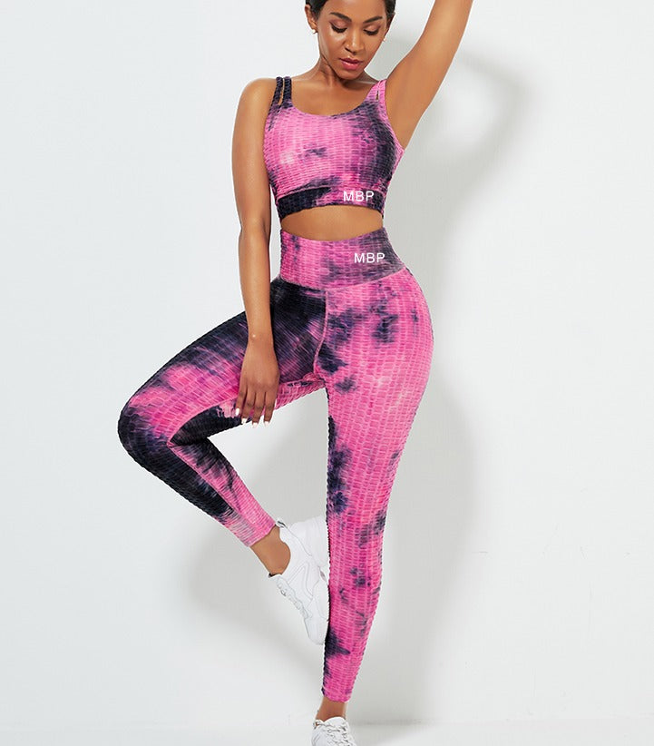 Pink tie-dye two piece yoga sets