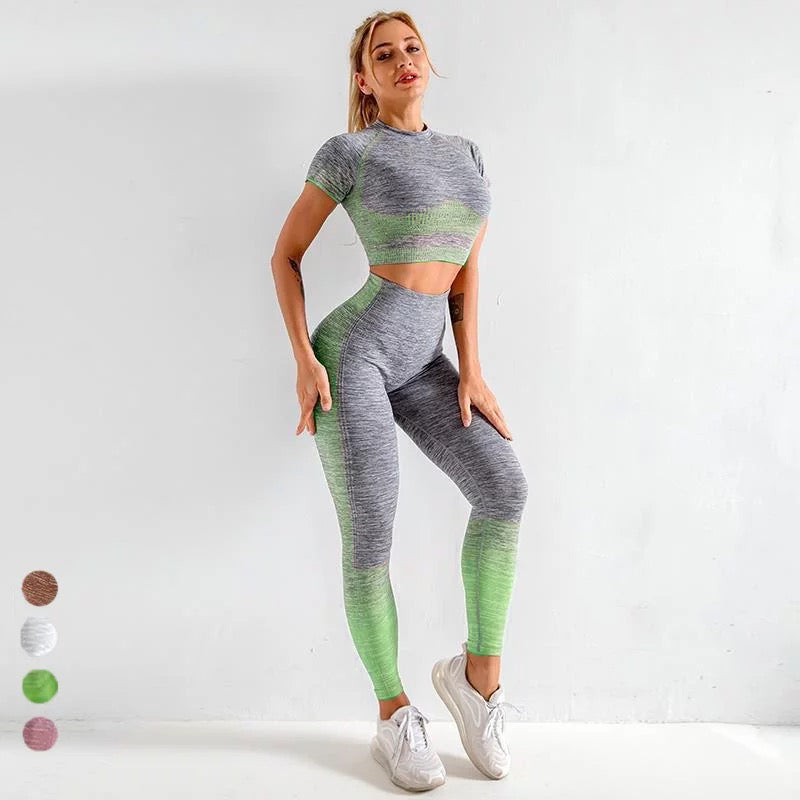 Stylish Green Short Sleeve Top Seamless Knit Leggings Stunning Style