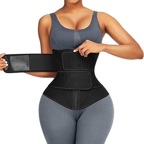 Black Neoprene Sauna Waist Trainer Embossing Double Belts Fitness