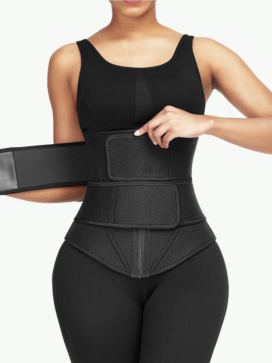 Black Neoprene Sauna Waist Trainer Embossing Double Belts Fitness