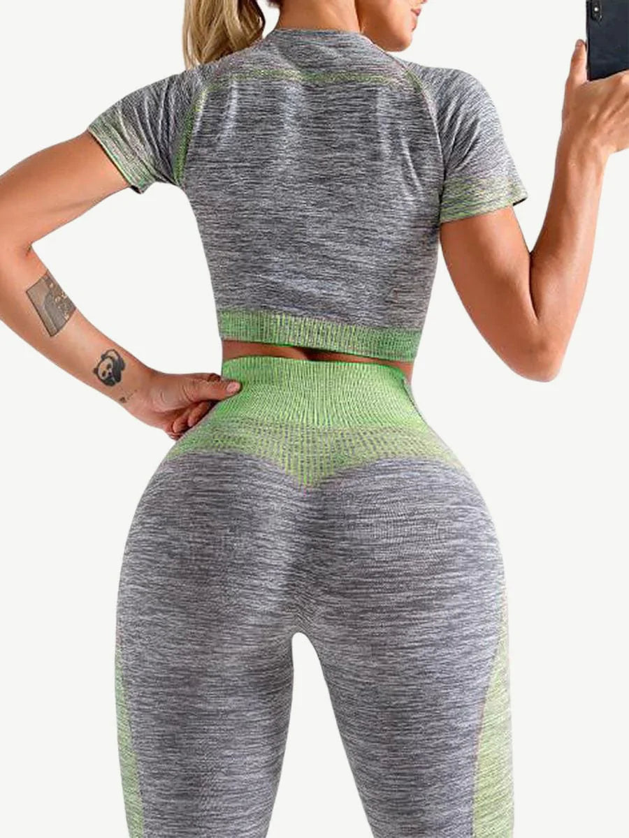 Stylish Green Short Sleeve Top Seamless Knit Leggings Stunning Style