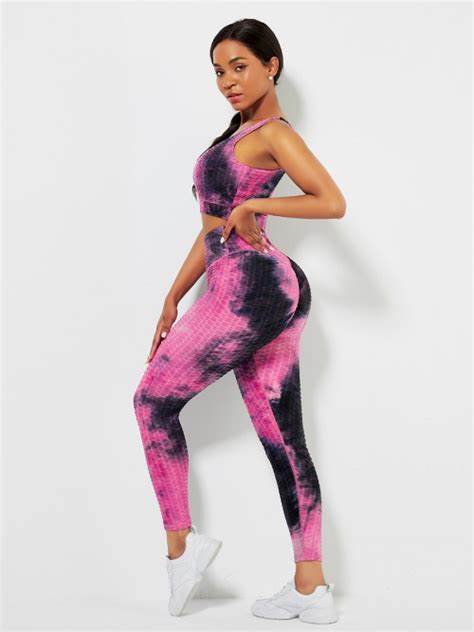 Pink tie-dye two piece yoga sets