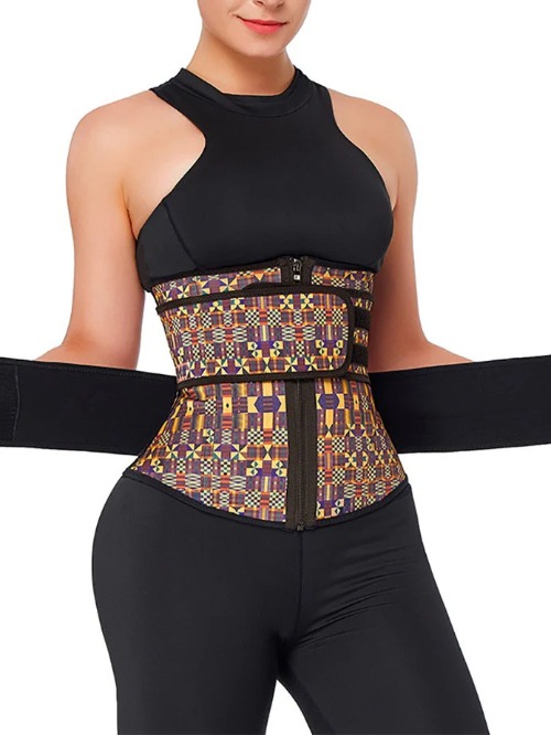 African print latex waist trainer with zipper double belt waist control-image