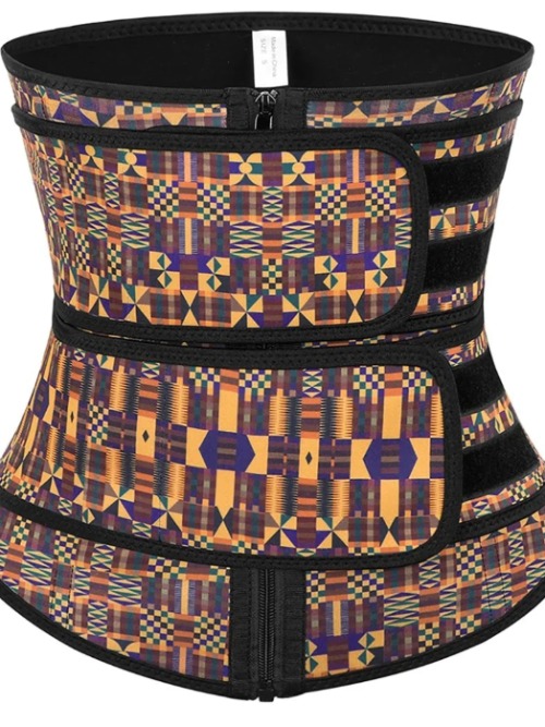 African print latex waist trainer with zipper double belt waist control-image