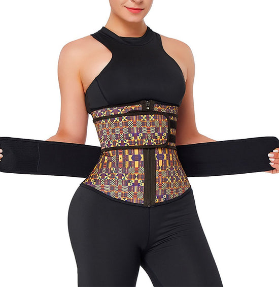 African print latex waist trainer with zipper double belt waist control