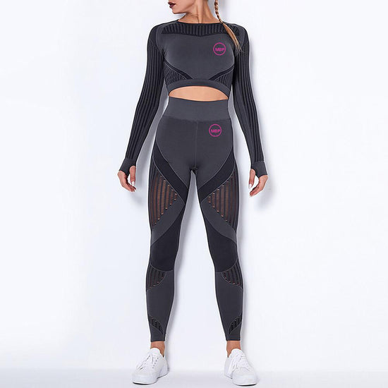 Black Seamless Knit active wear/Yoga Set With Thumb Hole Sensual Silhouette