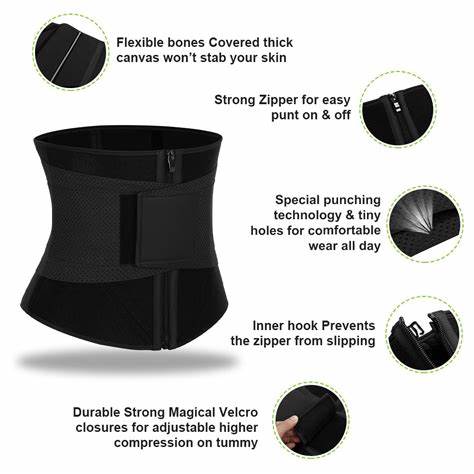 Black Neoprene Zipper Waist Trainer 10 Bones Back Support