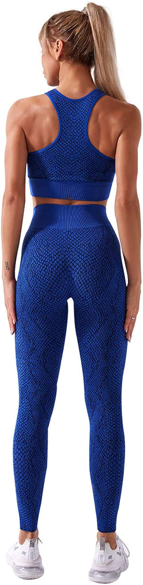 Blue Seamless Snakeskin Yoga 2 Piece Outfits Sensual Curves