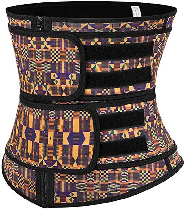 African print latex waist trainer with zipper double belt waist