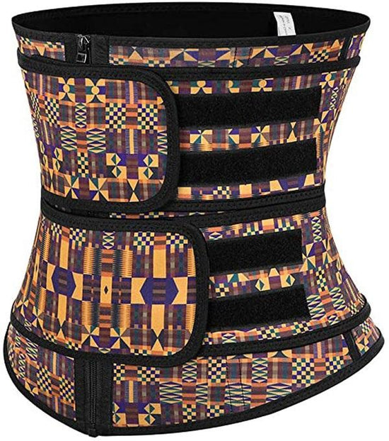 African print latex waist trainer with zipper double belt waist control