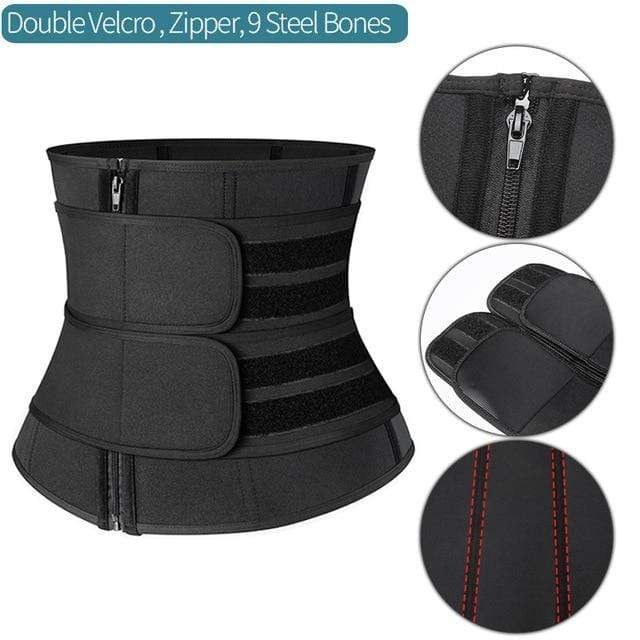 Black Latex Double Belt Waist Trainer With Pocket