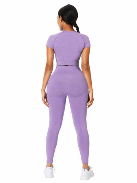 Purple Crop Short Sleeves Active wear/ yoga set Seamless Stretch